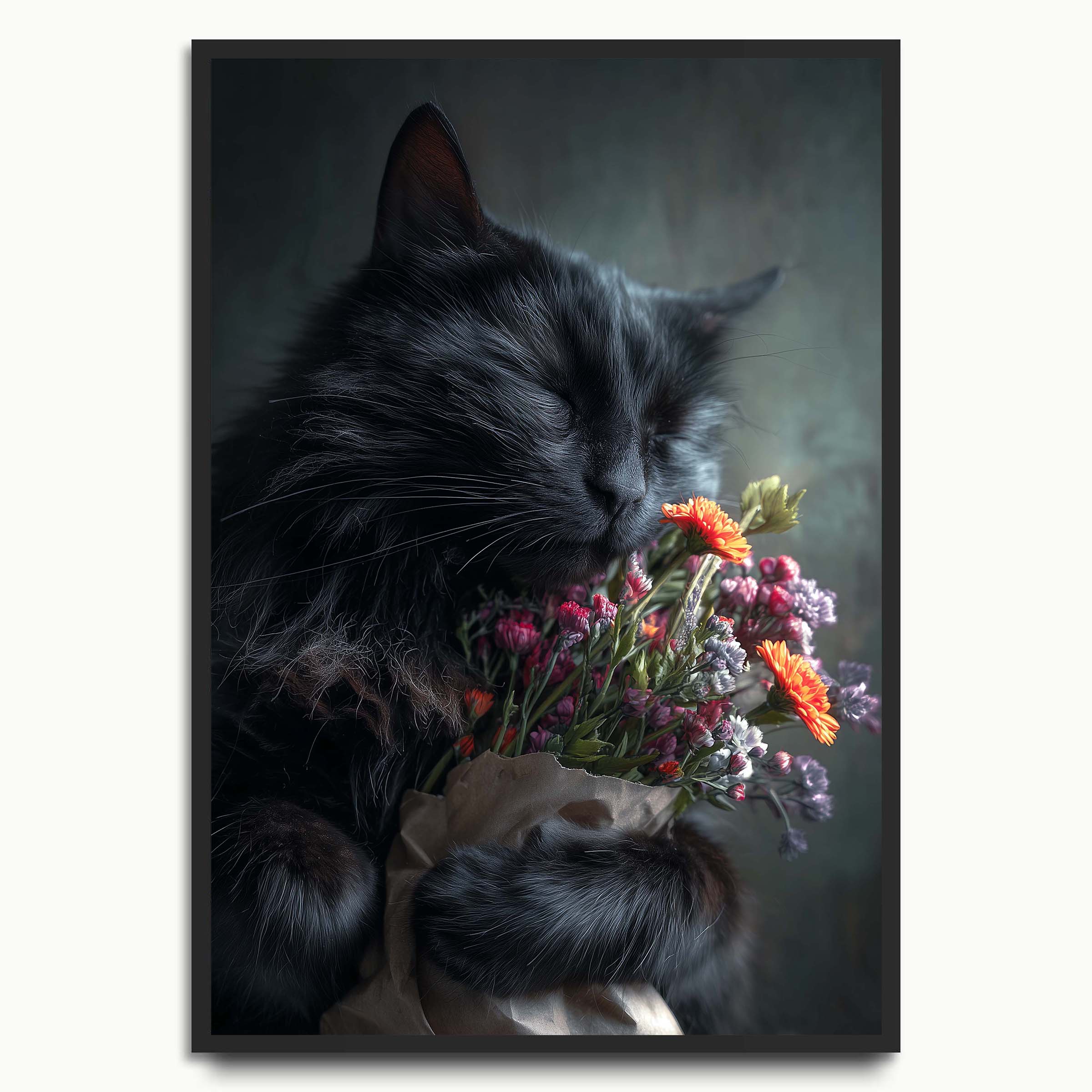 Black Cat with Flowers